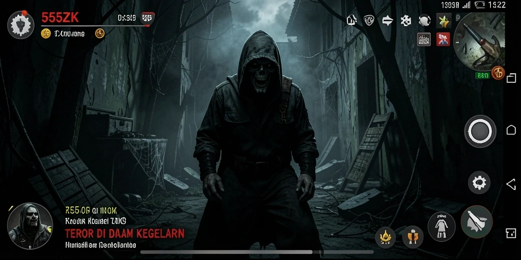 Tangkapan layar gameplay 555ZK menampilkan suasana horor yang mencekam.
