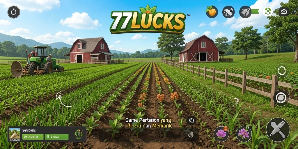 Tampilan gameplay seru di 77LUCKS dengan aktivitas bertani.