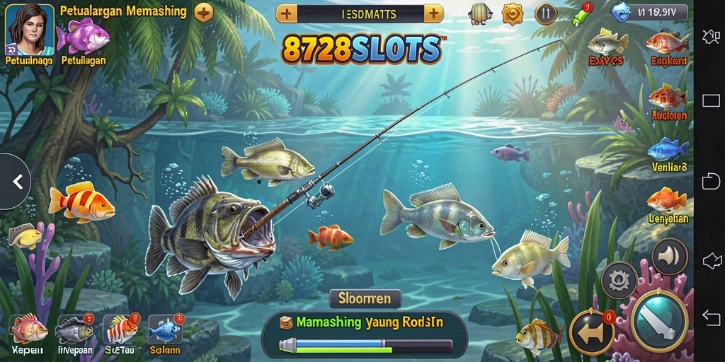 Gameplay 8728SLOTS yang seru dengan berbagai ikan menarik.