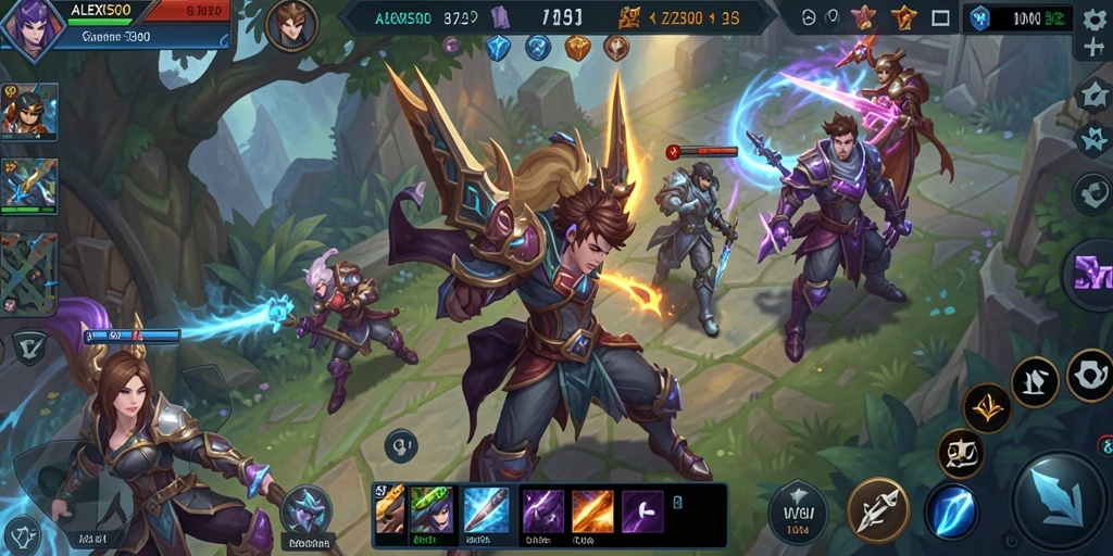 Screenshot ALEXIS500 menampilkan pertarungan tim yang intens dalam permainan MOBA.