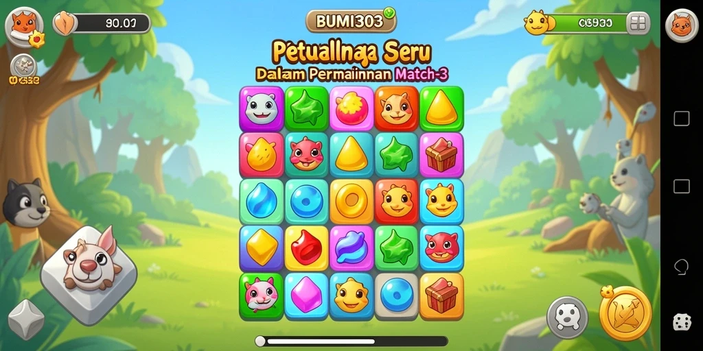 Tampilan gameplay BUMI303 dengan aksi Match-3 yang seru.