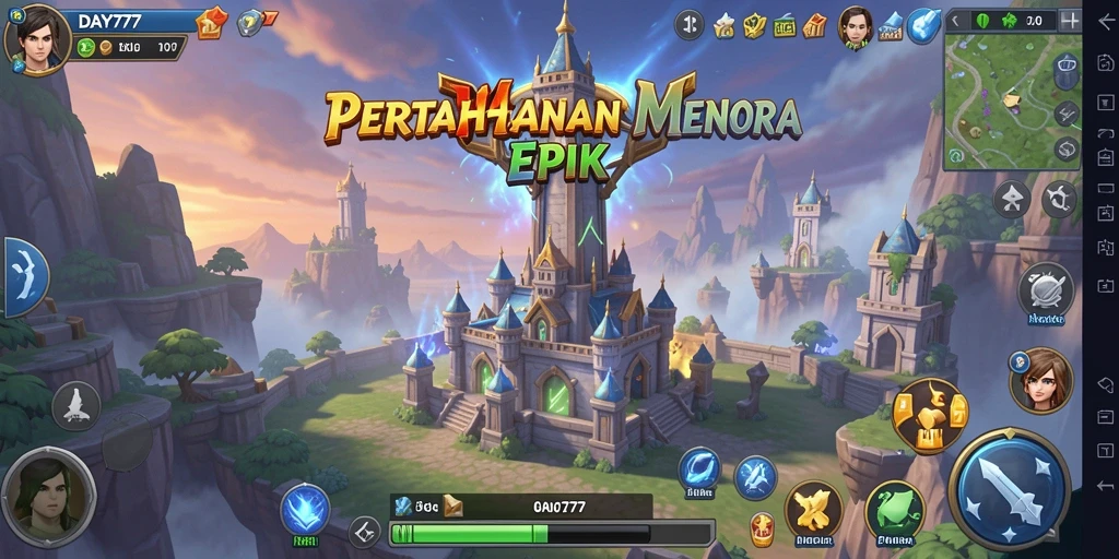 Tampilan gameplay DAY777 dengan menara dan musuh yang menarik.