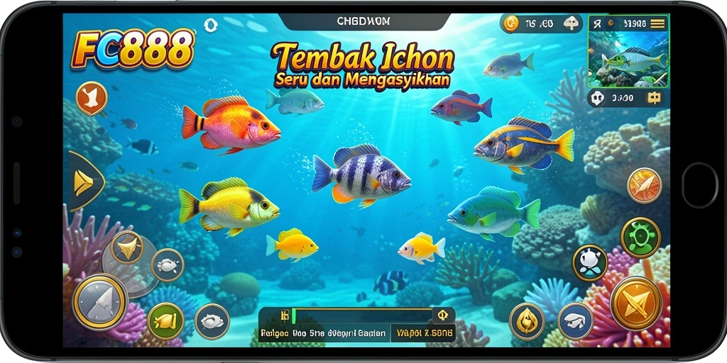 Screenshot gameplay FC888 menampilkan aksi seru dalam menembak ikan.
