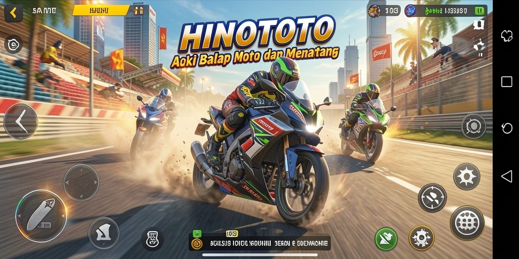 Screenshot gameplay HINOTOTO menampilkan aksi balapan motor yang mendebarkan.
