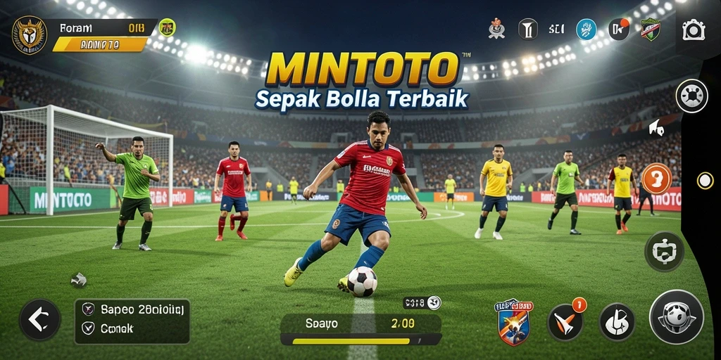 Screenshot utama MINTOTO menunjukkan gameplay sepak bola yang intens dan mendebarkan.