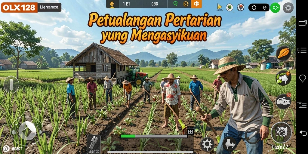 Tampilan gameplay OLX128 menampilkan pertanian yang subur dan hewan ternak yang sehat.