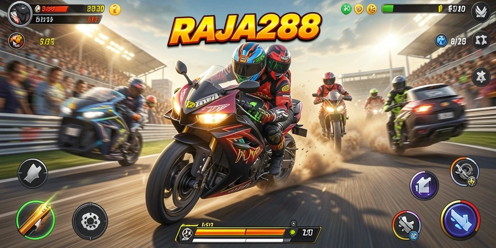Tampilan gameplay menegangkan di trek balapan RAJA288.