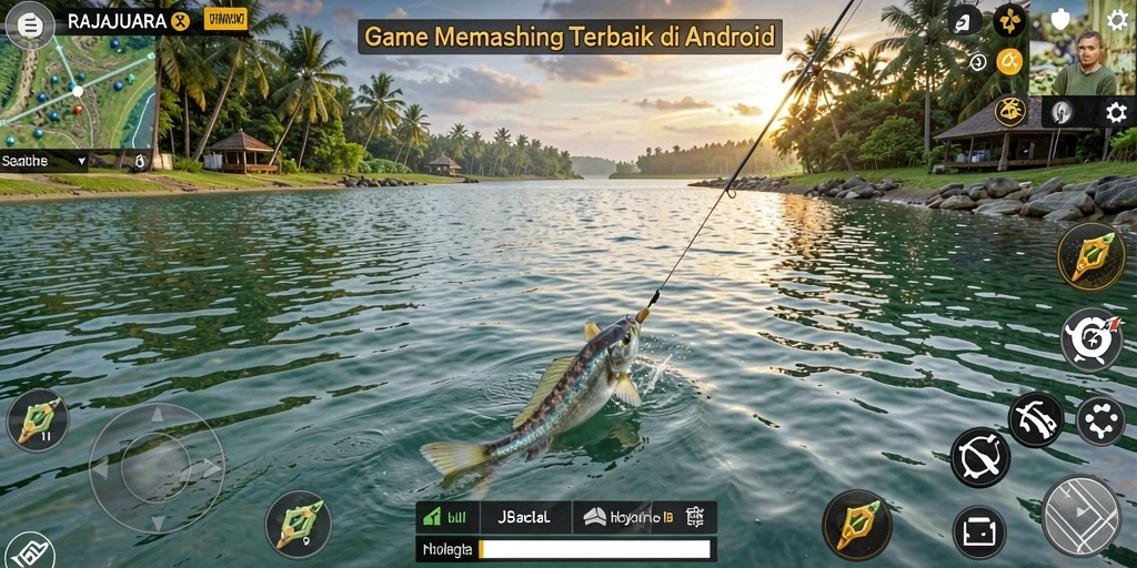 Screenshot gameplay RAJAJUARA menunjukkan pengalaman memancing yang seru.
