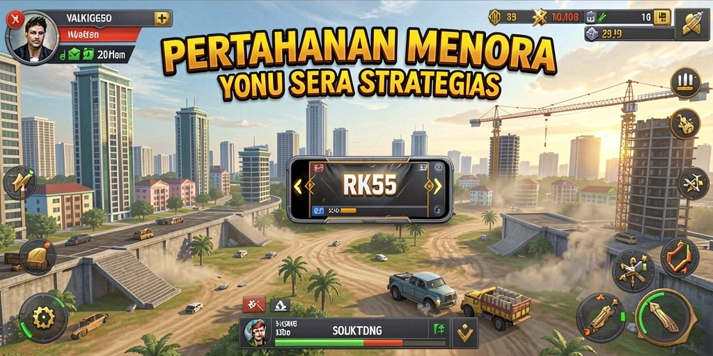 Tampilan gameplay RK55 dengan menara dan musuh menyerang.