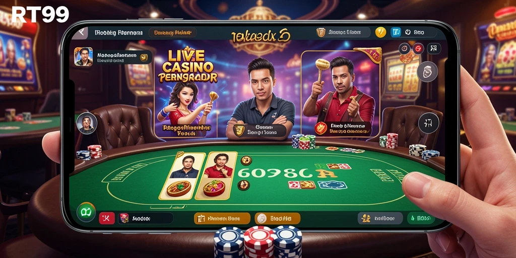 Gameplay RT99 dengan dealer langsung yang interaktif.